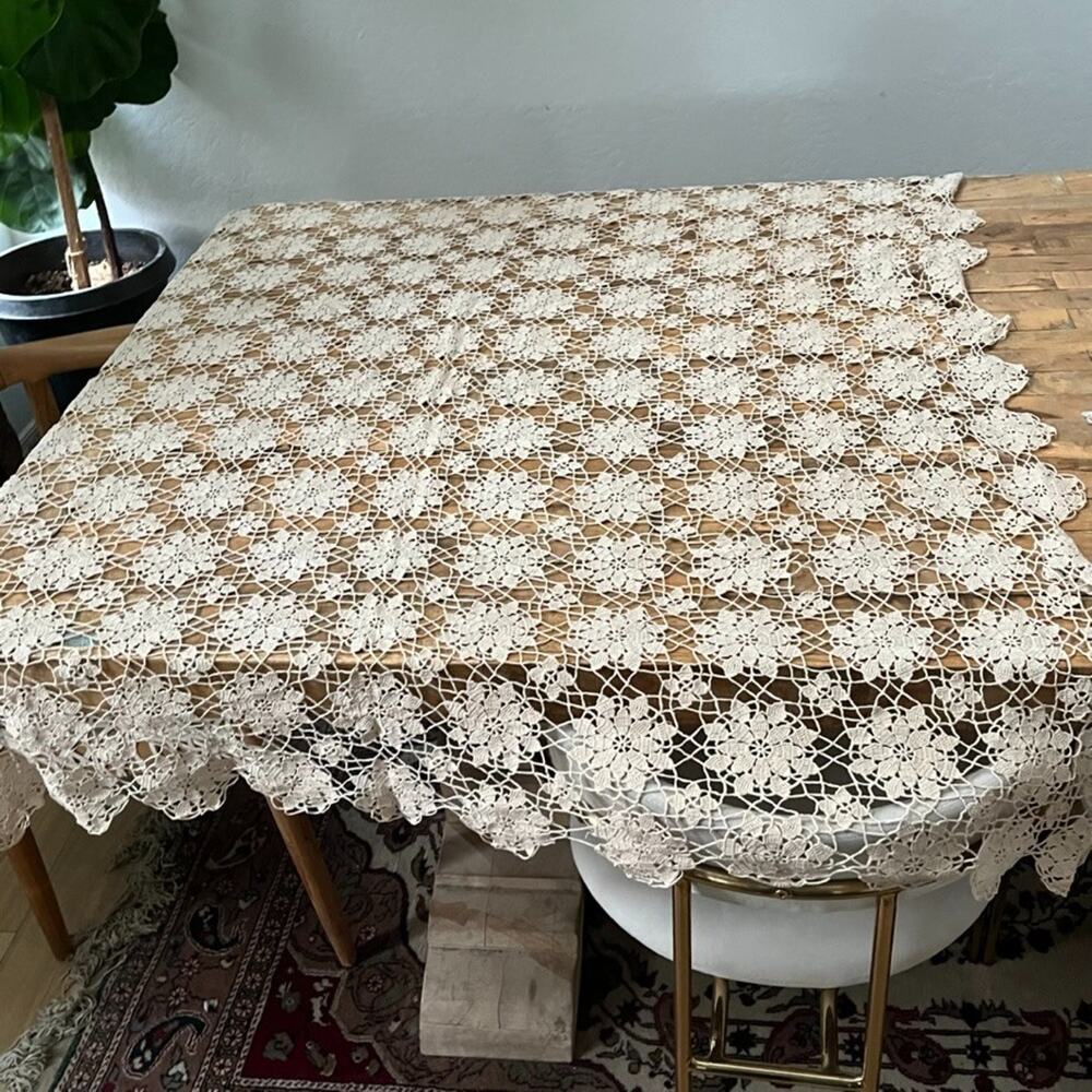 Vintage Handmade Ecru Crochet Lace Holiday Tablecloth 54x54"